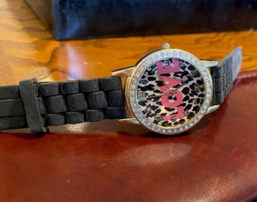 Women's ETC. Watch, Silver Tone with Leopard Print Face, "Love" Printed on Face
